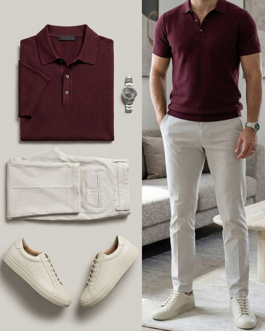 Men's Casual Crimson Color Short Sleeves Polo Shirt & Jeans Pants Two Piece Set