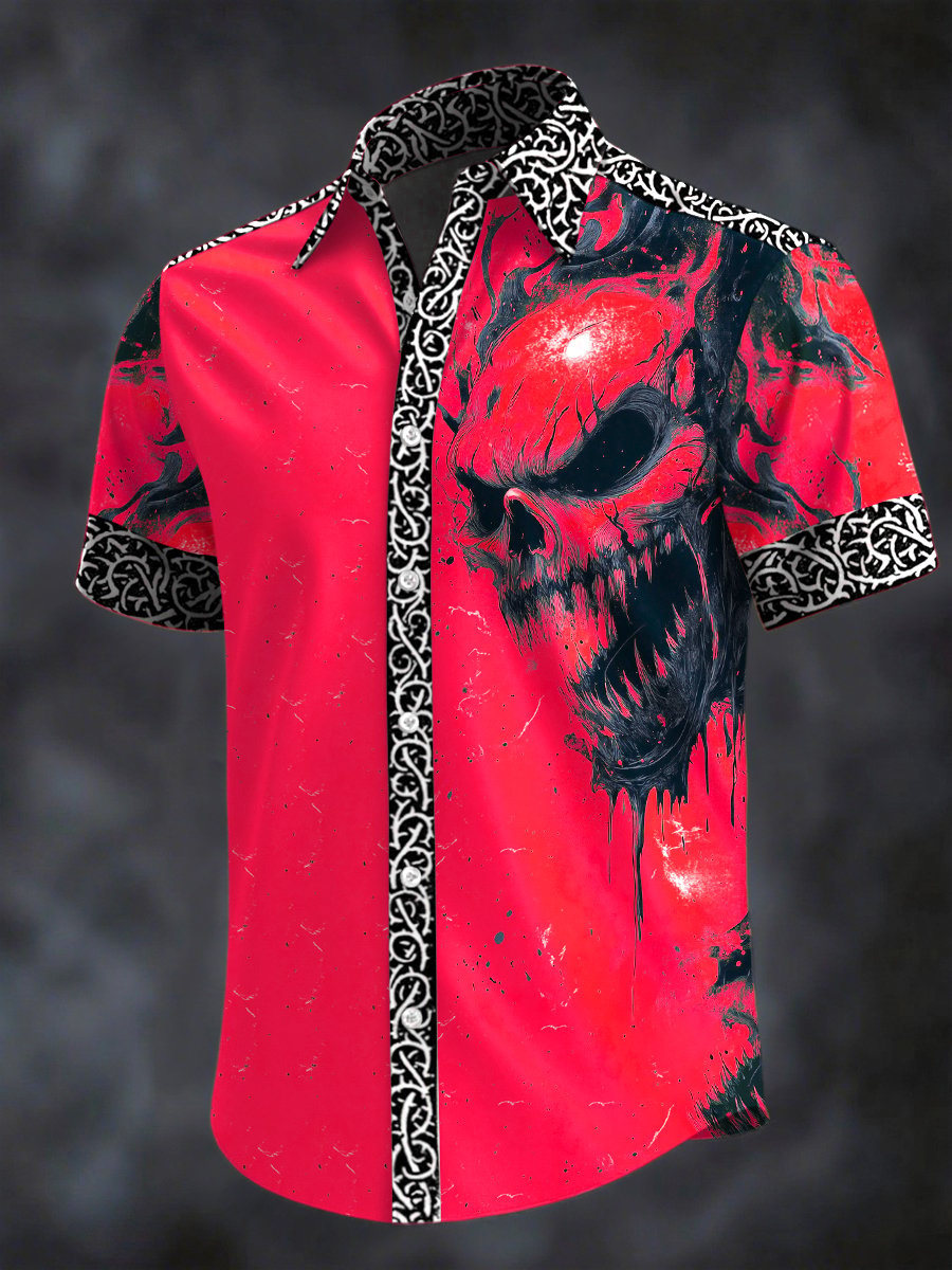Men's Retro Horror Skull Print Lapel Short Sleeve Shirt