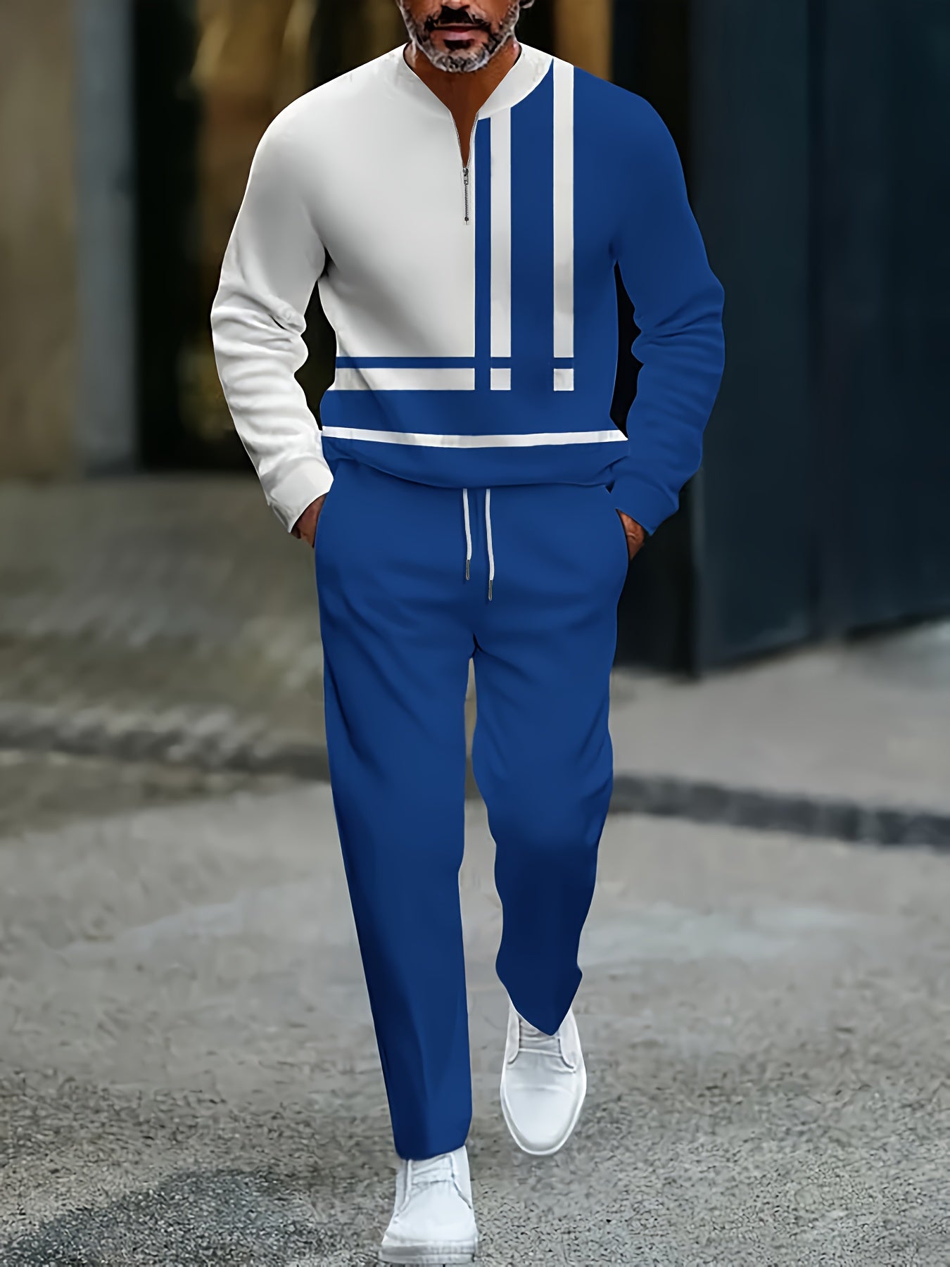 Men's Casual Color Matching Printed Round-Neck Zipper Long Sleeved Trousers Two-Piece Set