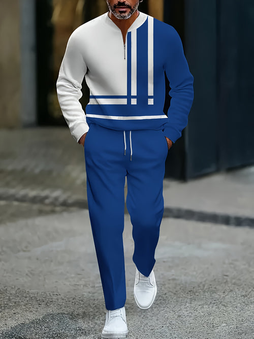 Men's Casual Color Matching Printed Round-Neck Zipper Long Sleeved Trousers Two-Piece Set