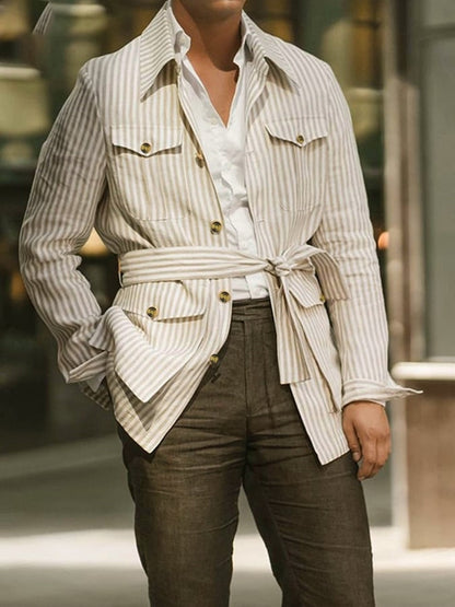 Men's Retro Striped Multi-Pocket Design Casual Suit