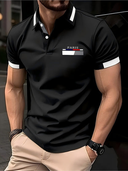Men's Business Casual Striped Button Short Sleeve Polo Shirt