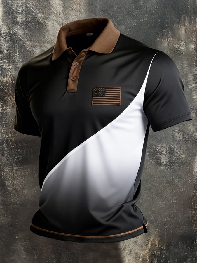 Men's Retro Patriot Color Block Polo Collar Short Sleeve