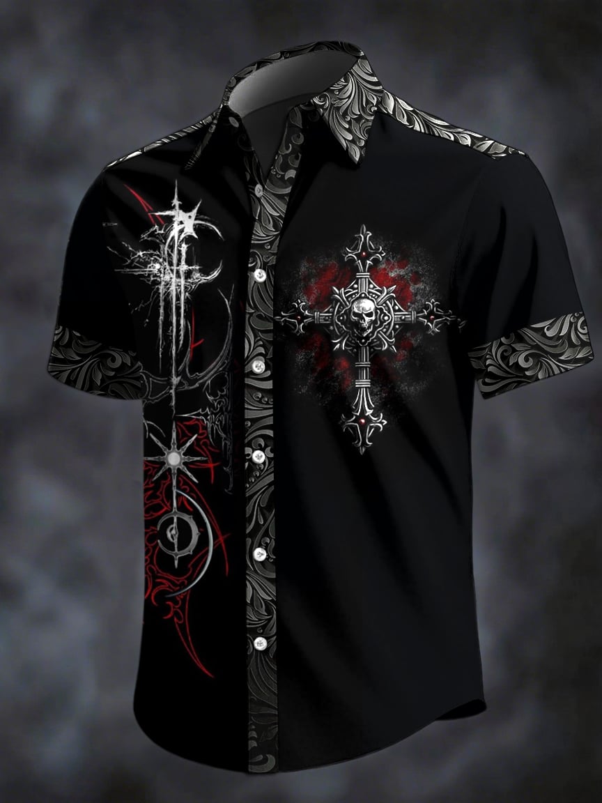 Men's Retro Horror Skull Print Lapel Short Sleeve Shirt