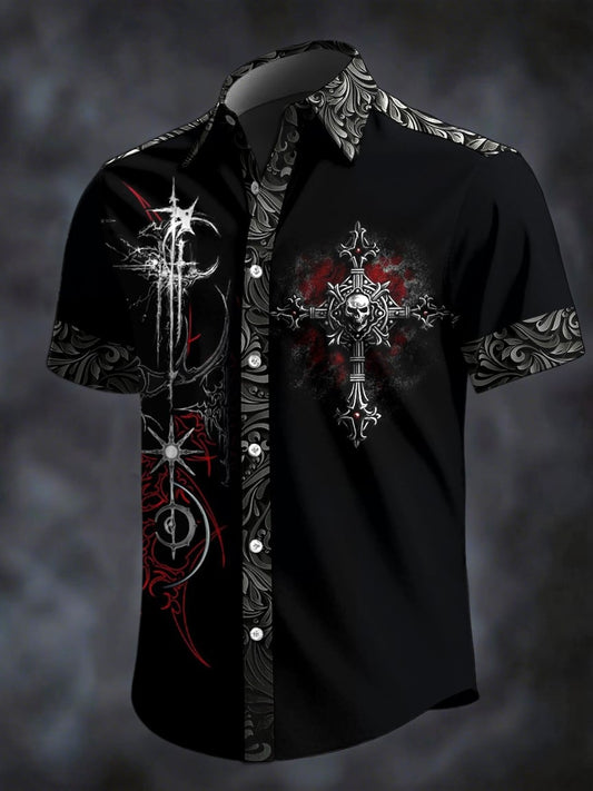 Men's Retro Horror Skull Print Lapel Short Sleeve Shirt