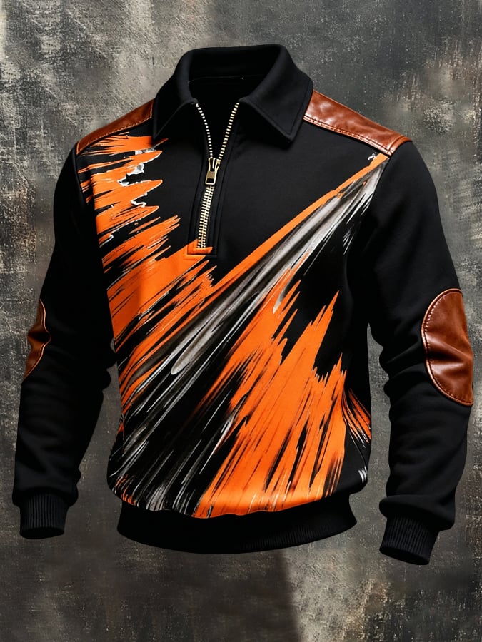 Men's Retro Color Block Print Color-Blocked Zip-Up Sweatshirt
