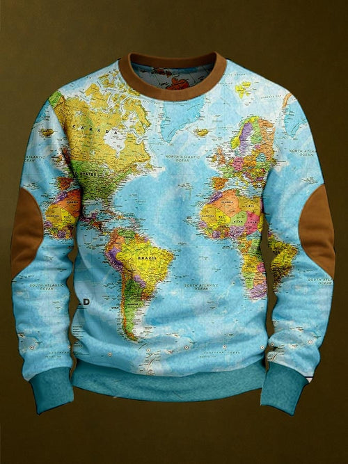 Men's Vintage Western Hemisphere Map Print Sweatshirt