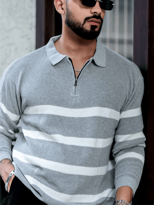 Men's Retro Business Stripe Print Long Sleeve POLO Shirt
