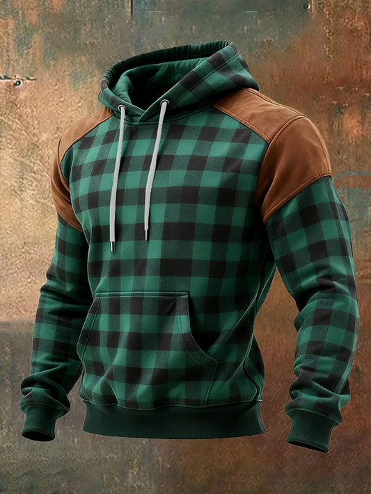 Men's Casual Retro Plaid Print Long Sleeve Hooded Sweatshirt