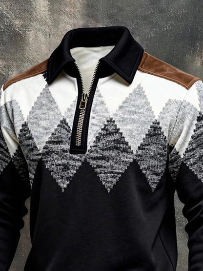 Men's Retro Color Block Print Color-Blocked Zip-Up Sweatshirt