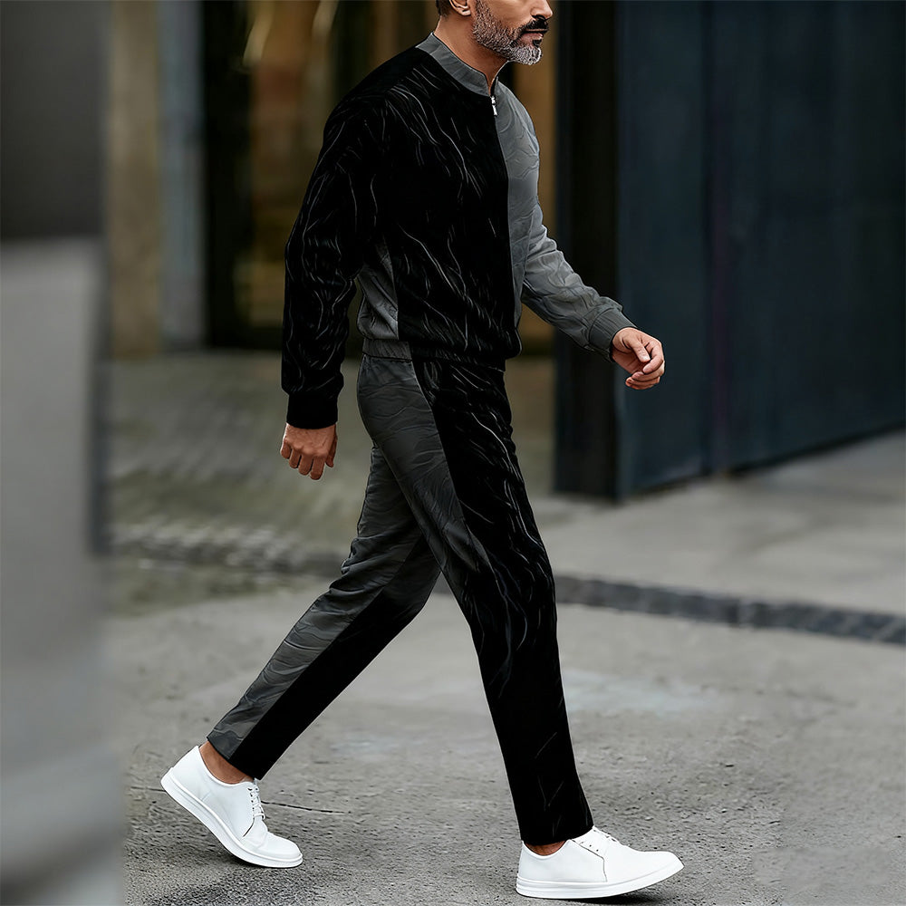 Men's Casual Color Matching Printed Round-Neck Zipper Long Sleeved Trousers Two-Piece Set