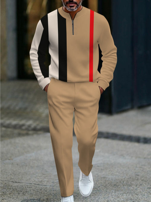 Men's Casual Khaki Color Matching Striped Printed Round-Neck Zipper Long Sleeved Trousers Two-Piece Set