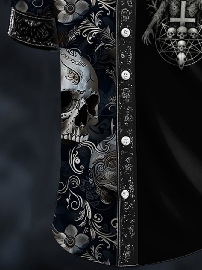 Men's Casual Dark Skull Demon Art Satin Shirt