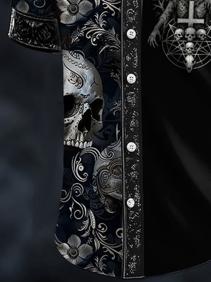 Men's Casual Dark Skull Demon Art Satin Shirt