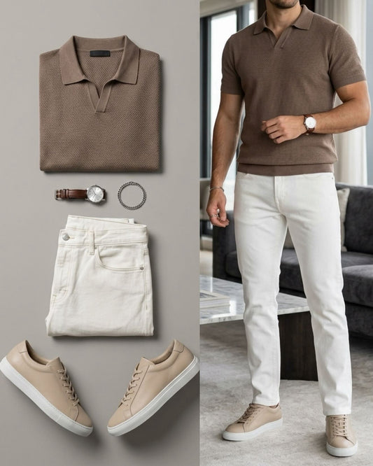 Men's Casual Brown Color Short Sleeves Polo Shirt & Jeans Pants Two Piece Set
