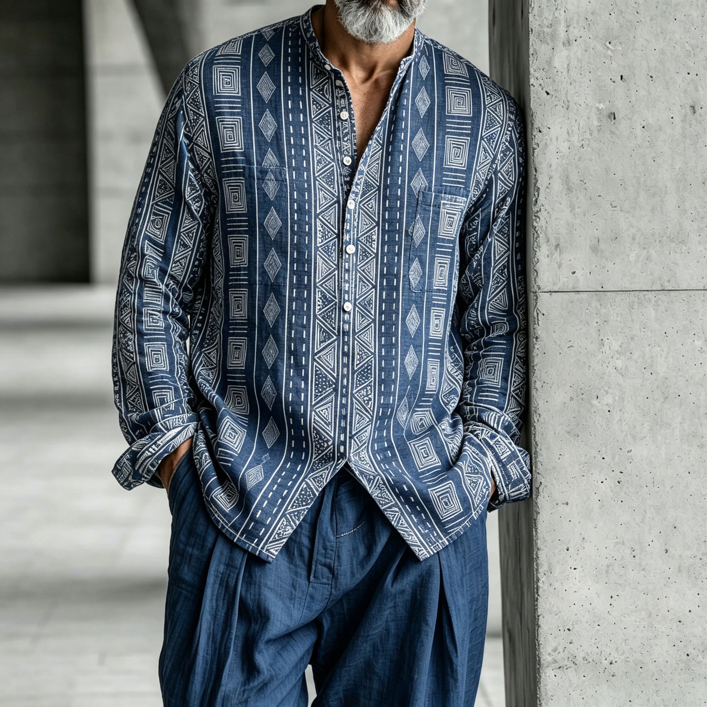Men's Geometric-Print Stand-Collar Half-Open Henley Shirt and Pants