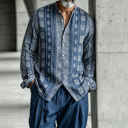 Men's Geometric-Print Stand-Collar Half-Open Henley Shirt and Pants