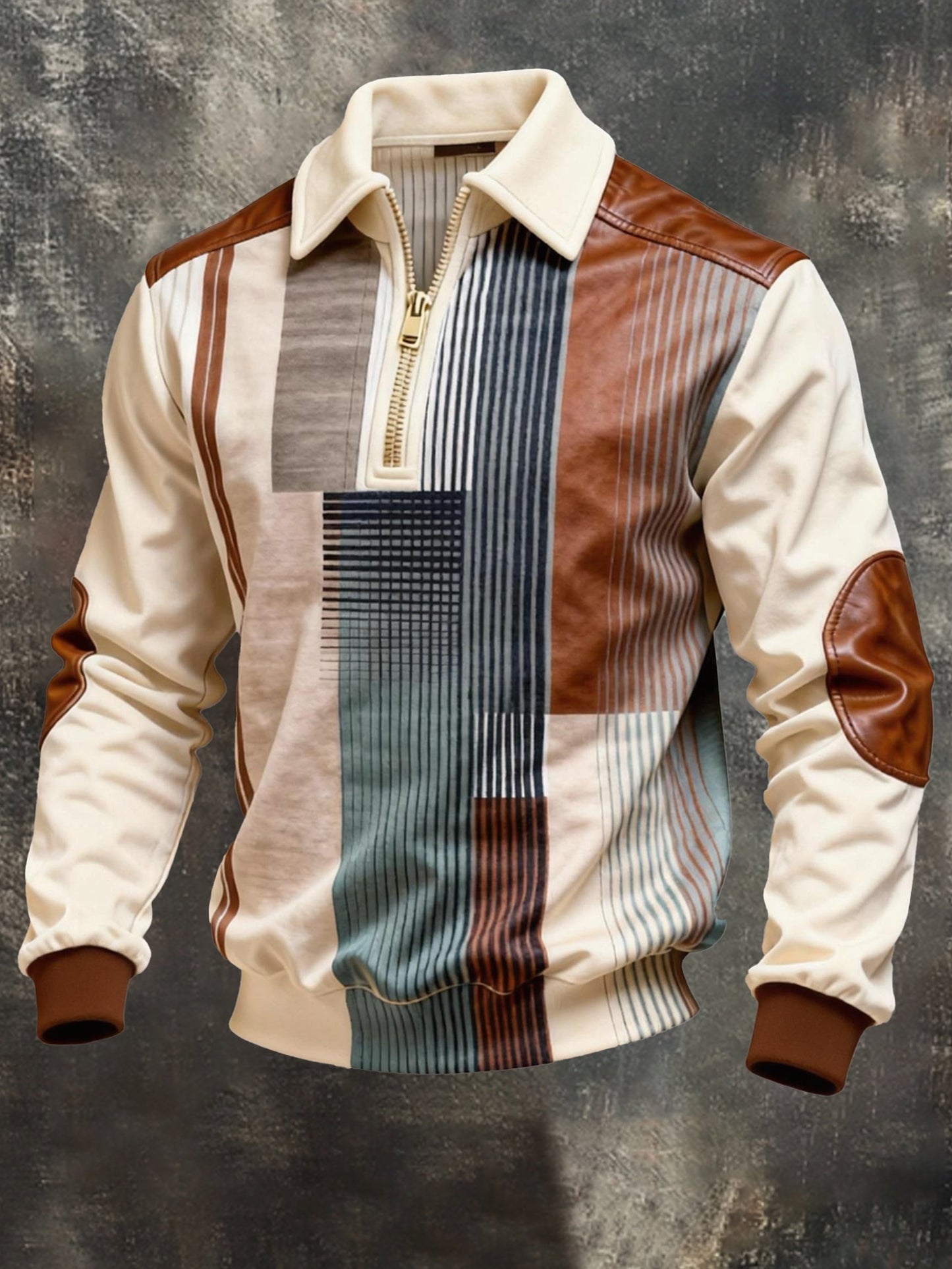 Men's Vintage Color-Block Printed Zip-Up Hoodie