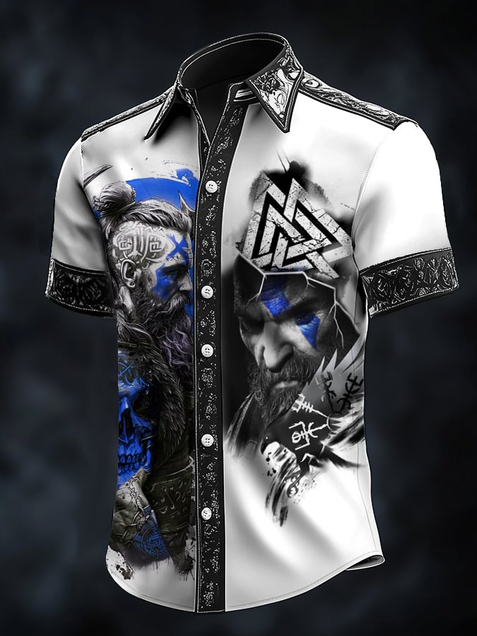 Men's casual vintage Viking portrait satin shirt