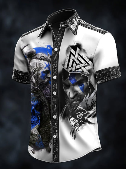 Men's casual vintage Viking portrait satin shirt