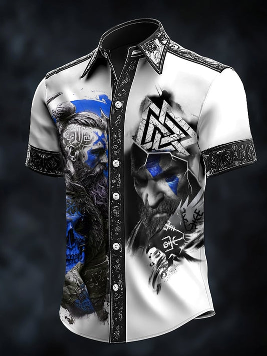 Men's casual vintage Viking portrait satin shirt
