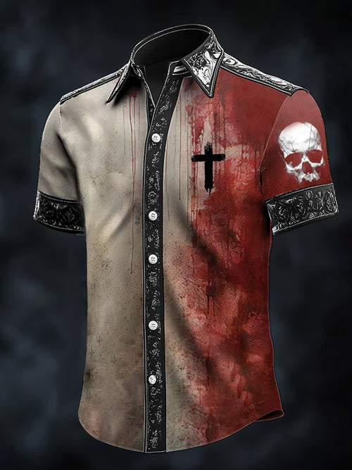 Men's Casual Fashion Skull Floral Short-Sleeved Shirt