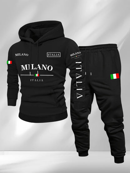 Men's Casual Color Matching Printed Hoodies Long Sleeved Sweatshirts & Sweatpants Two-Piece Set