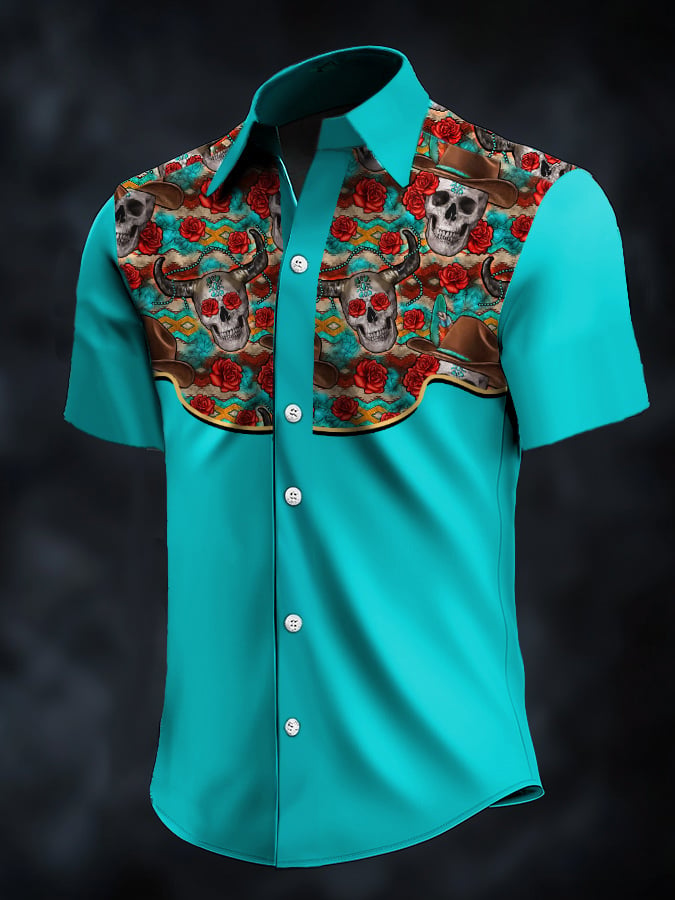 Men's Retro Western Contrast Print Short Sleeve Casual Shirt