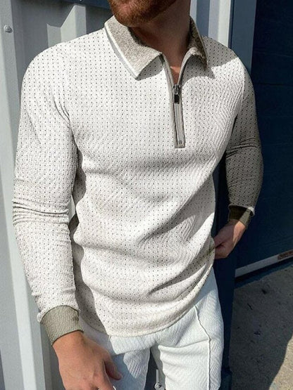 Men's Fashion Contrast Color Half Zip Long Sleeve Polo Shirt