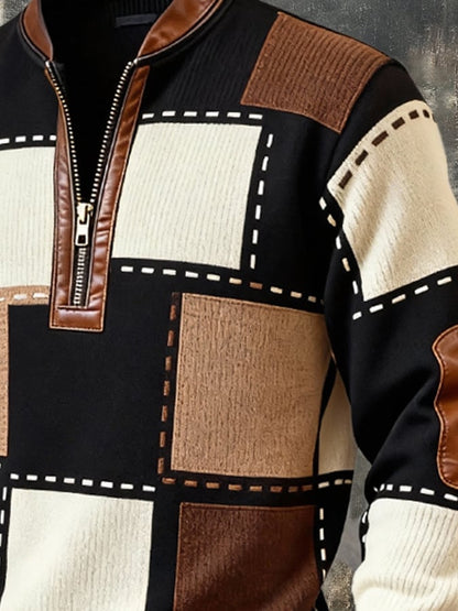 Men'S Casual Retro Contrast Color Half Zip Stand Collar Long Sleeve Sweatshirt