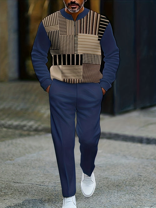 Men's Casual Color Matching Striped Printed Round-Neck Zipper Long Sleeved Navy Blue Trousers Two-Piece Set