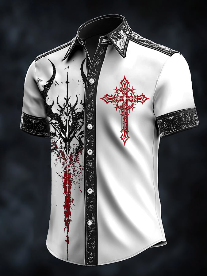 Men's Casual Fashion Dark Pattern Cross Crow Contrast Satin Shirt