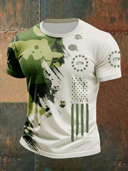 Men's Vintage Camouflage Flag Print Round Neck T-shirt