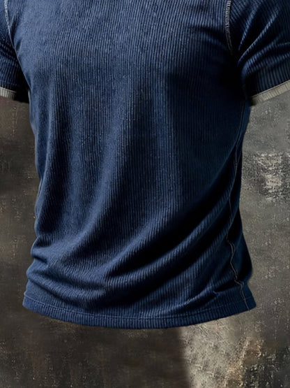 Men's Retro Distressed Patchwork Color Block V-Neck Short-Sleeve Top