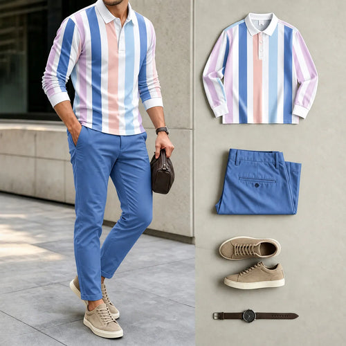 Men's Color-Blocked Polo Shirt and Pants Set