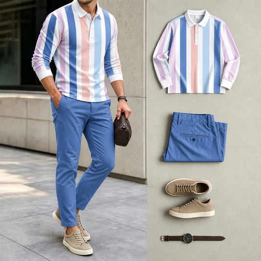 Men's Color-Blocked Polo Shirt and Pants Set