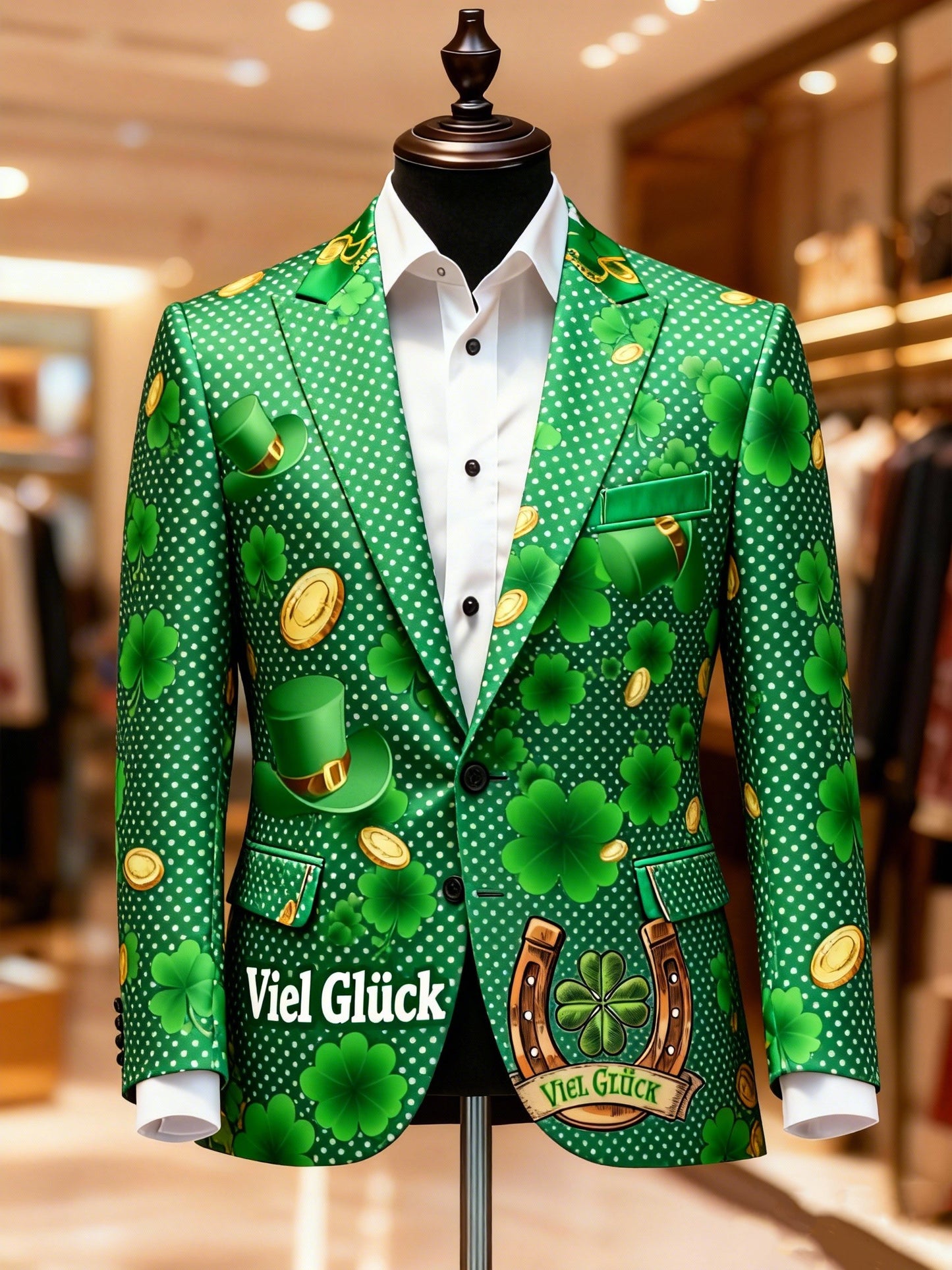 Men's Casual Notch Lapel Shamrock St Patrick's Day Green Print Blazers