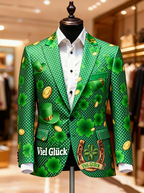Men's Casual Notch Lapel Shamrock St Patrick's Day Green Print Blazers