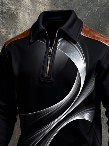 Men's Retro Color Block Print Color-Blocked Zip-Up Sweatshirt