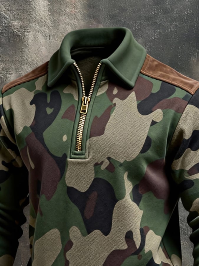 Men's Retro Color Block Print Color-Blocked Zip-Up Sweatshirt