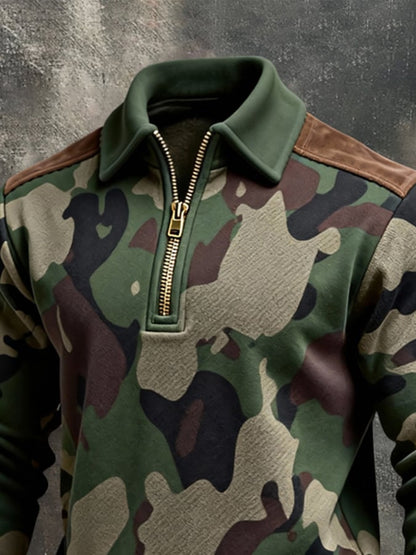 Men's Retro Color Block Print Color-Blocked Zip-Up Sweatshirt