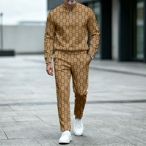 Men's Brown Round-Neck Zipper Long-Sleeve Shirt and Pants Set