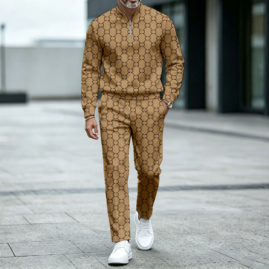 Men's Brown Round-Neck Zipper Long-Sleeve Shirt and Pants Set