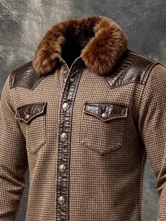 Men'S Vintage-Style Western Shirt With Leather Paneling And Dual Pockets (Detachable Fur Collar)