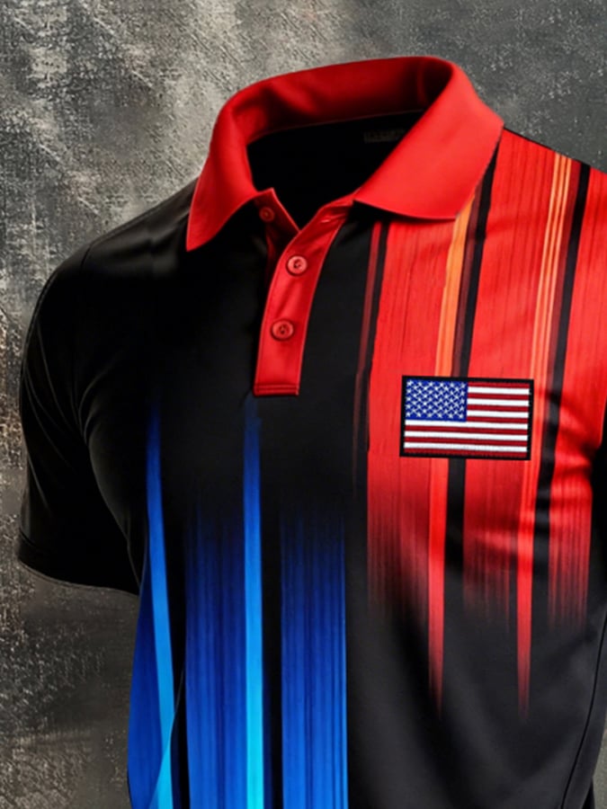 Men's Retro Patriot Color Block Polo Collar Short Sleeve