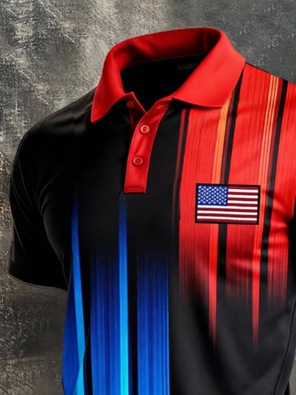 Men's Retro Patriot Color Block Polo Collar Short Sleeve