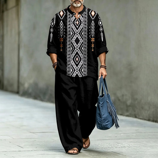 Men's Black Stand-Collar Polo Shirt and Long Pants Two-Piece Suit Set