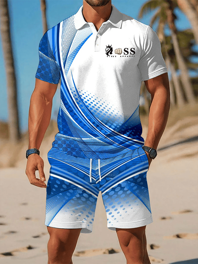 Men's Retro Letter Design Casual Business Short Sleeve Polo Shirt Suit