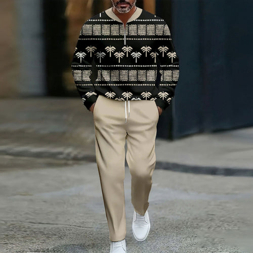 Men's Casual Color Matching Printed Polo-Collar Zipper Long Sleeved Trousers Two-Piece Set