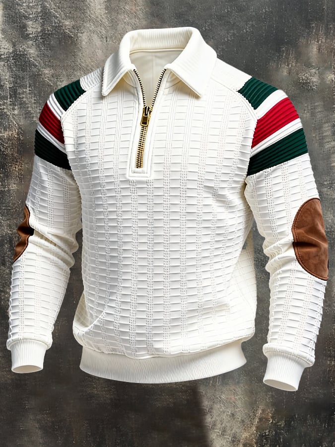 Men's Retro Color Block Print Zipper Sweatshirt